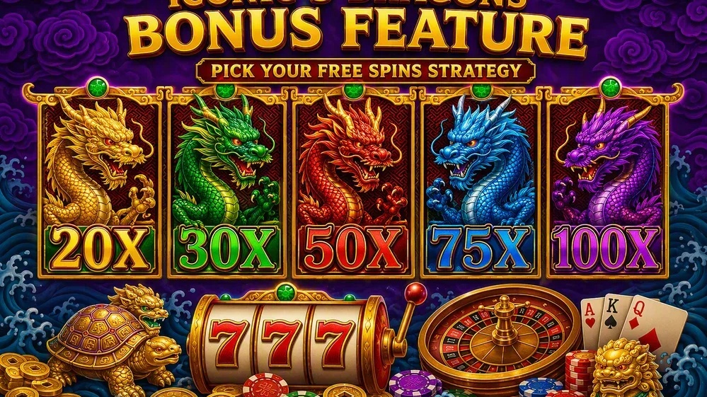 Animated bonus screen showing five dragon options with multipliers
