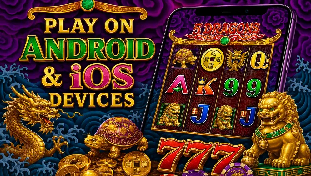 smartphone displaying 5 Dragons slot interface