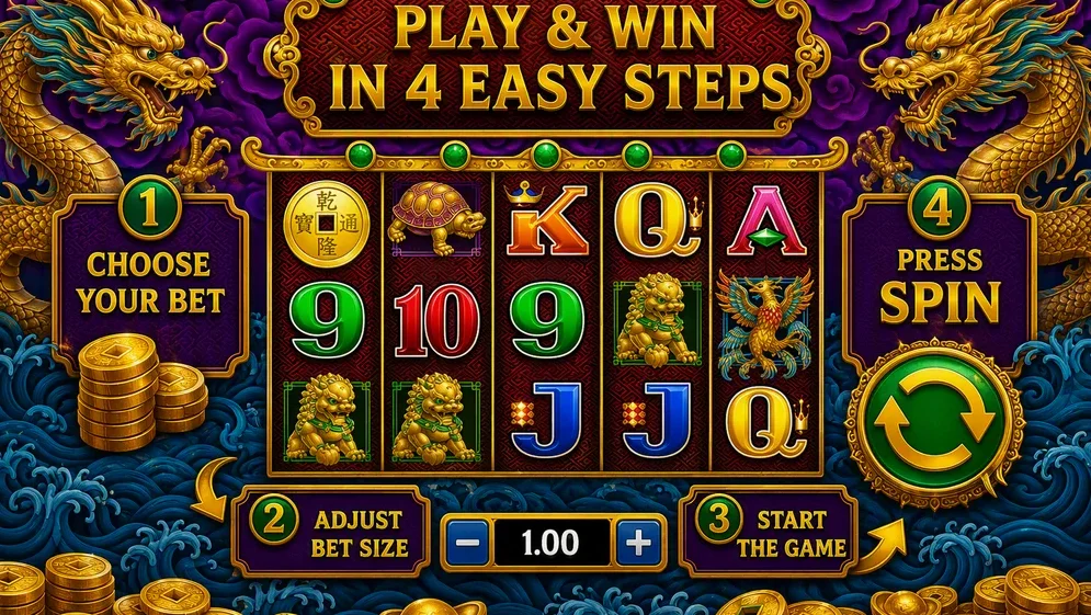 Step-by-step guide showing bet controls and spin button