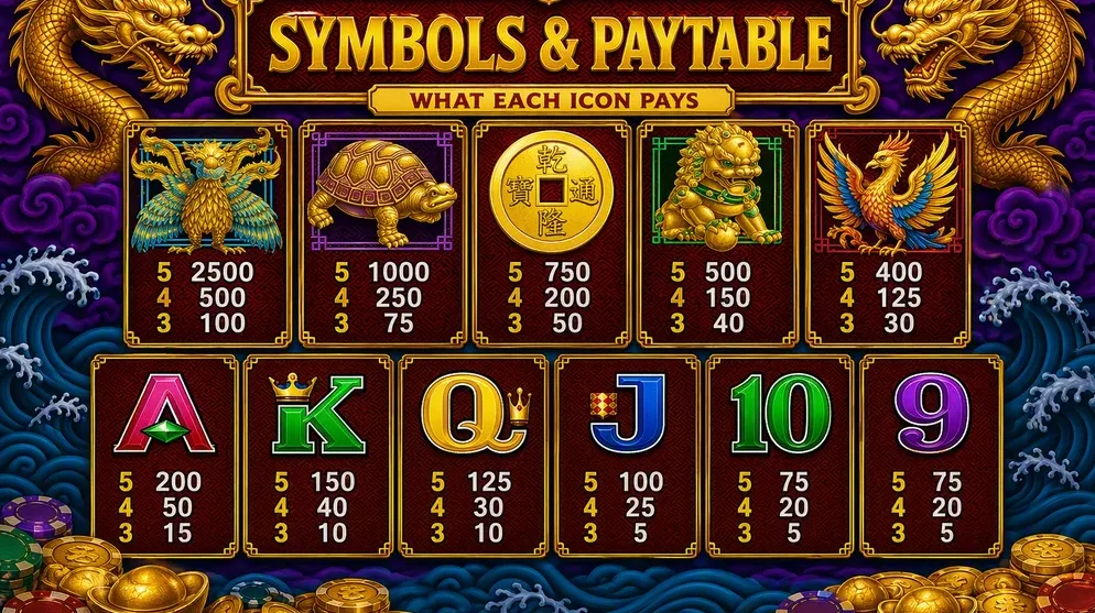 Symbol paytable showing golden creatures and card ranks